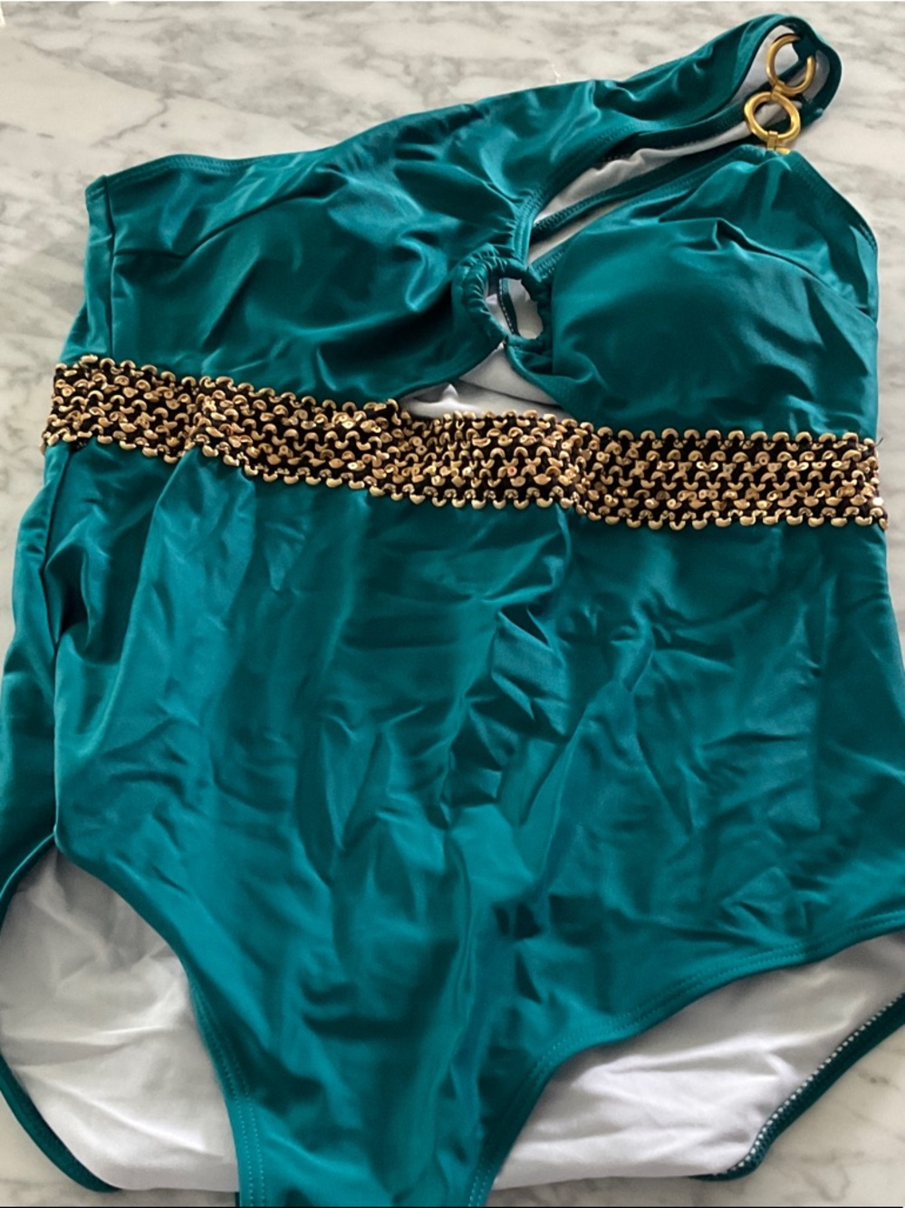 Teal One-Shoulder Chain-Accent One-Piece Swimsuit